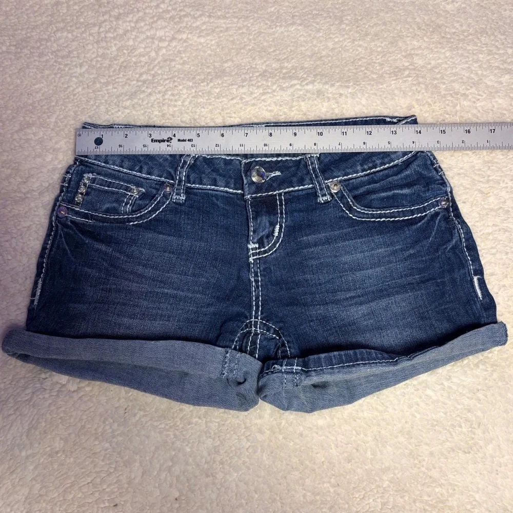 Y2K Wishful Park Denim Shorts Dark Wash Grunge Embroidered Cross Rhinestone #16